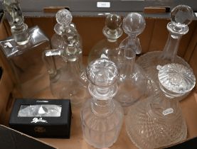 Eight various cut and other glass decanters and an Oleg Cassini design candle-stand (box)