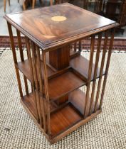 A reproduction mahogany satin inlaid revolving bookcase, 50 x 50 x 80 cm high