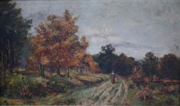 E A Saunders - Figure on a country lane at autumn time, oil on canvas, signed lower left, 44 x 75 cm