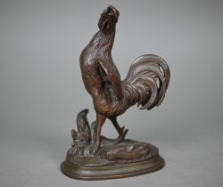 Jules Moignez (1835 - 1894) - A brown patinated bronze cockerel, 14 cm high