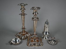 A pair of plated on copper baluster candlesticks 31cm high, to/w an epns sugar caster, a taste-vin