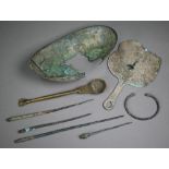 An antiquity copper oval bowl, 9 x 11 cm and a hand-mirror (a/f) to/w a torque bracelet, four