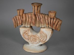 Bernard Rooke (b 1938) - An abstract design stoneware candelabrum with three sconces, 24 cm high x