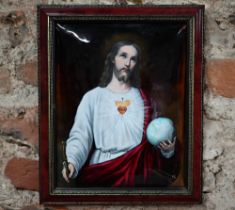 An enamel plaque depicting Jesus Christ by Bouasse Jeune et Cie, Paris, 24 x 19 cm, framed