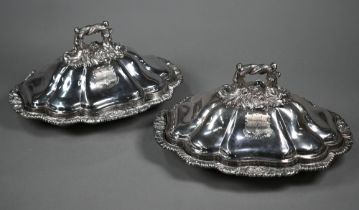 A good pair of Victorian old Sheffield plate entrée dishes and covers, the detachable handles cast