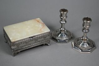A pair of electroplated baluster candlesticks in the Georgian manner, on octagonal bases 12cm, to/
