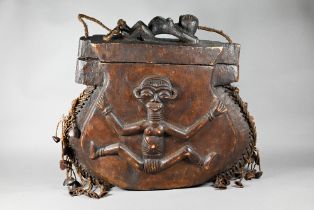 A 20th century West African carved hardwood Kuba box-purse and cover with carved figural