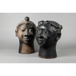 Two vintage African, possibly Benin, pottery busts, male and female, 21 cm high