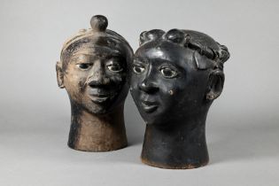 Two vintage African, possibly Benin, pottery busts, male and female, 21 cm high