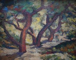 LMH - Letitia Marion Hamilton (1878-1964) attrib - Figure in a wooded grove, oil on canvas, signed