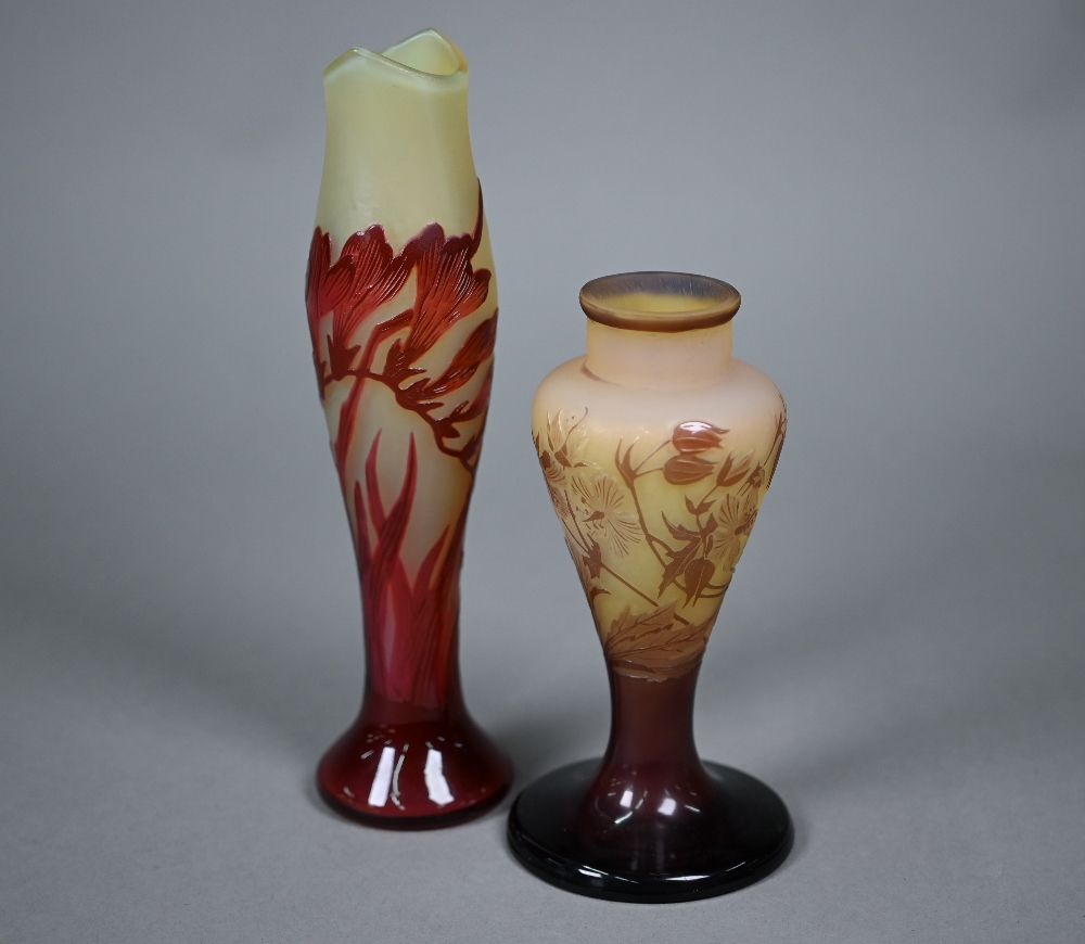 Two floral-decorated cameo glass vases in the Art Nouveau manner, inscribed 'Gallé' 23/16.5 cm high