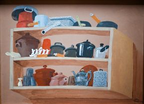 John Sewell - Kitchen shelves with utensils, oil on board, signed and dated 1980 lower right, 29 x