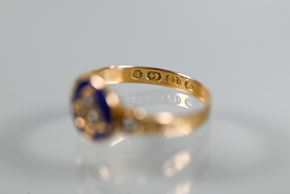 Two Victorian 18ct yellow gold rings, one with blue enamel and seed pearls, size O the other set - Image 4 of 7