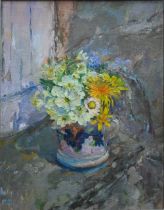 Diana Maxwell Armfield (b 1920) - 'April flowers on the sill, Llwynhir', oil on board, signed with