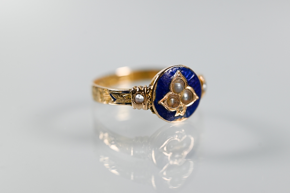 Two Victorian 18ct yellow gold rings, one with blue enamel and seed pearls, size O the other set - Image 2 of 7