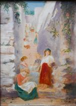 Maltese school - Women standing on steps, oil on canvas, indistinctly signed, 27 x 19 cm
