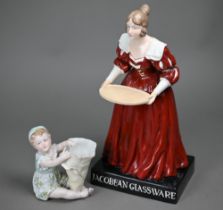 A Czechoslovakia pottery figure of a 17th century female with tray, inscribed on base 'Jacobean