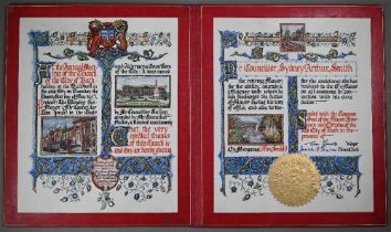 A City of Bath Council manuscript, illuminated gilded and painted red leather booklet of thanks