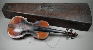 A 19th century violin with 14" one-piece back (Cremona label within), 59 cm overall, in antique