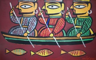 Jamini Roy (1887-1972) - Three fishermen in a canoe, gouache, signed lower right, 28 x 45 cm