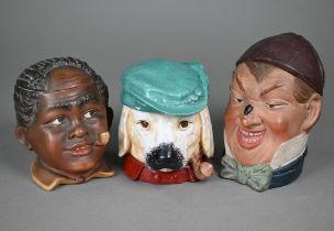 Three Continental china novelty tobacco jar heads including dog with hat and pipe, man in smoking-