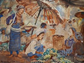 U BA THET (1903-1972) -  Market traders beneath parasol, watercolour, signed lower left and dated '