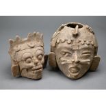 Two antique Central American terracotta pots, modelled as heads 10/9cm (one a/f)