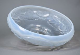 A 1930s blue opalescent pressed glass bowl, moulded with waterlilies (unmarked) 28 cm diam