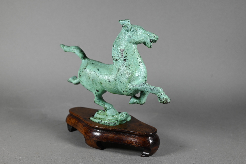 A 20th century Chinese small bronze copy of 'The Flying Horse of Gansu' with applied verdigris - Image 2 of 5