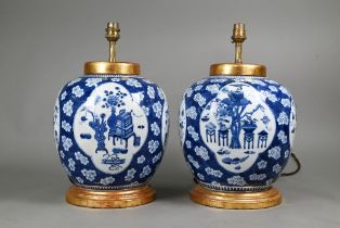 A pair of Chinese blue and white ginger jars (mounted as lamps) painted with arrangements of
