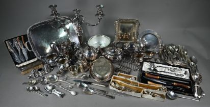 An epns twin-branch candelabrum, a two-handled tray, various tea-wares, flatware, etc. (2 boxes)