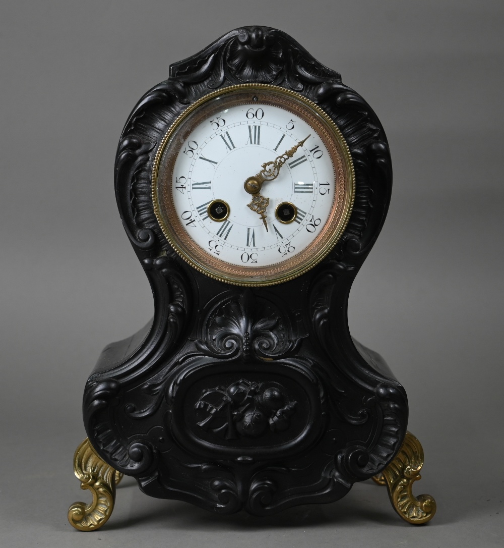 Late 19th century Rococo style French mantel clock, with ebonised case, the twin train eight day - Image 2 of 6