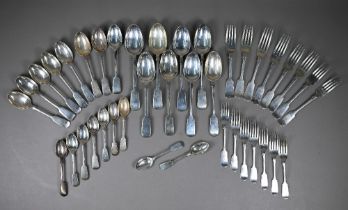 A matched set of Victorian and later silver fiddle pattern flatware, comprising eight each table