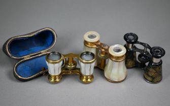 Two antique pairs of gilt metal and mother of pearl opera glasses (one cased) to/w a marbled leather