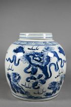A 19th century Chinese blue and white ginger jars with cover painted in underglaze blue with playful