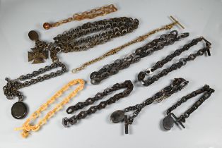 A collection of various 19th century watch/Albert chains and other chains, including jet, bog oak,