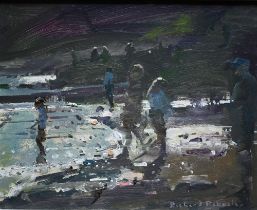 Richard Pikesley (b 1951) - 'Paddlers, Evening light', oil on board, signed lower right, 20 x 24.5