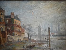 Makinson - London skyline towards the Thames, oil on canvas, signed and dated '49 lower left, 29 x