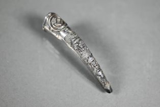 A 19th century Chinese silver fingernail guard embossed with precious objects and makers mark on the
