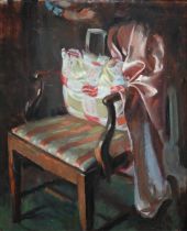 Victor Hume Moody (1896-1990) - 'Chair with drapery', oil on canvas, 38 x 31 cm ARR may be