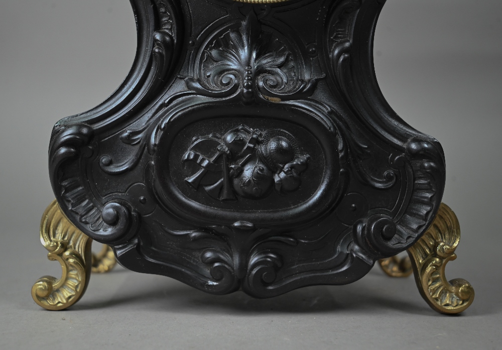 Late 19th century Rococo style French mantel clock, with ebonised case, the twin train eight day - Image 3 of 6