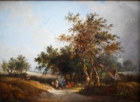 Manner of Shayer - A gypsy encampment, oil on board, signed indistinctly lower right, 29 x 39 cm