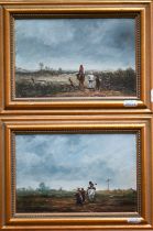 EIA? - A pair of pastoral views with figures, oil on board, signed with initials lower left, 15 x 22