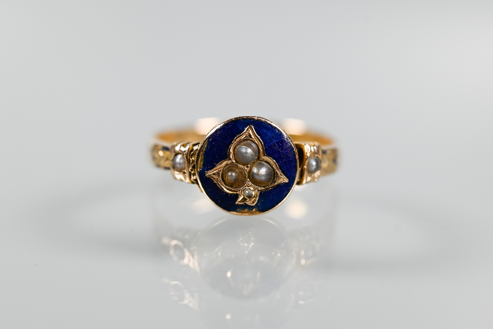 Two Victorian 18ct yellow gold rings, one with blue enamel and seed pearls, size O the other set - Image 3 of 7