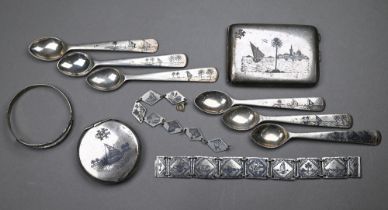 Various vintage Egyptian unmarked (and untested) white metal items with niello Nile scene