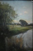 E Stewart Wood - An extensive river landscape with distant church, oil on canvas, signed, 90 x 60 cm