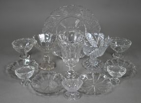 A pair of Regency cut glass oval stemmed bonbon baskets and three matching salts to/w a celery vase,