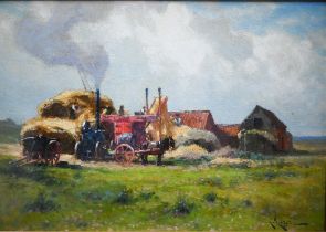 Arthur William Redgate (1860-1906) - Harvest view with threshing machine, oil on board, signed lower
