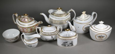 Three Regency New Hall (probably) tea pots with gilt and enamel decoration, one with matching