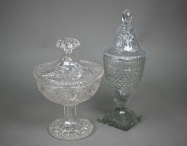 A 19th century hobnail-cut bonbonniere and cover of urn form on square base, 30 cm high to/w a